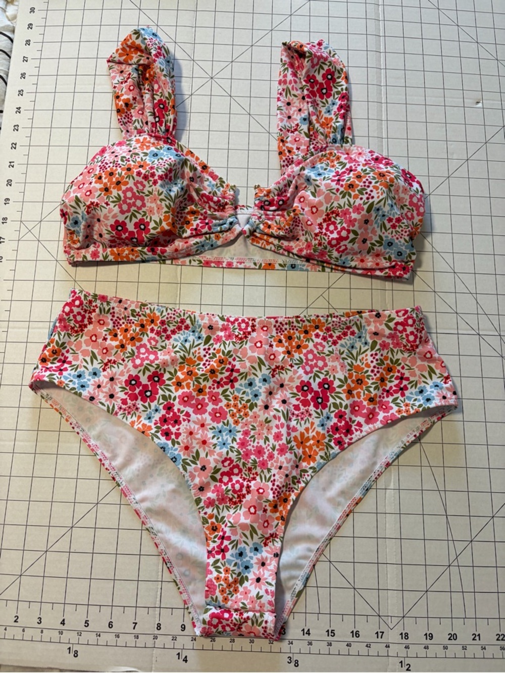 Adorable Floral High-Waist Bikini Set in Pink, Orange, Blue